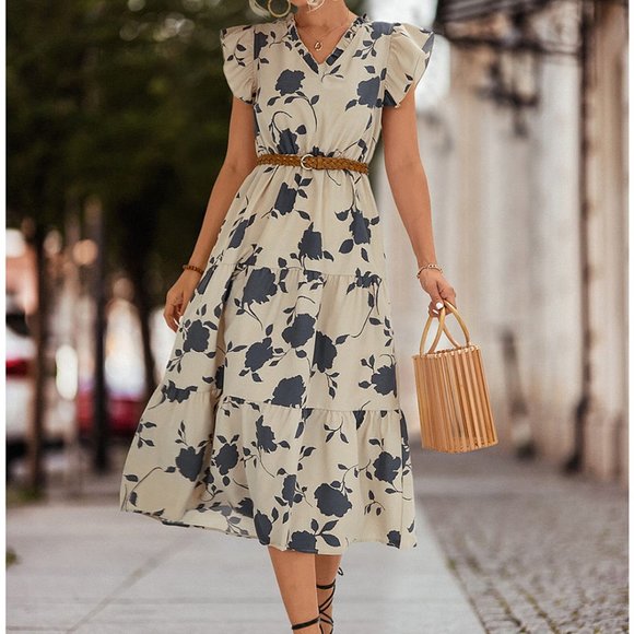 Amasoo Dresses & Skirts - Beige Floral Tiered Flutter-Sleeve Notch Neck Midi Dress